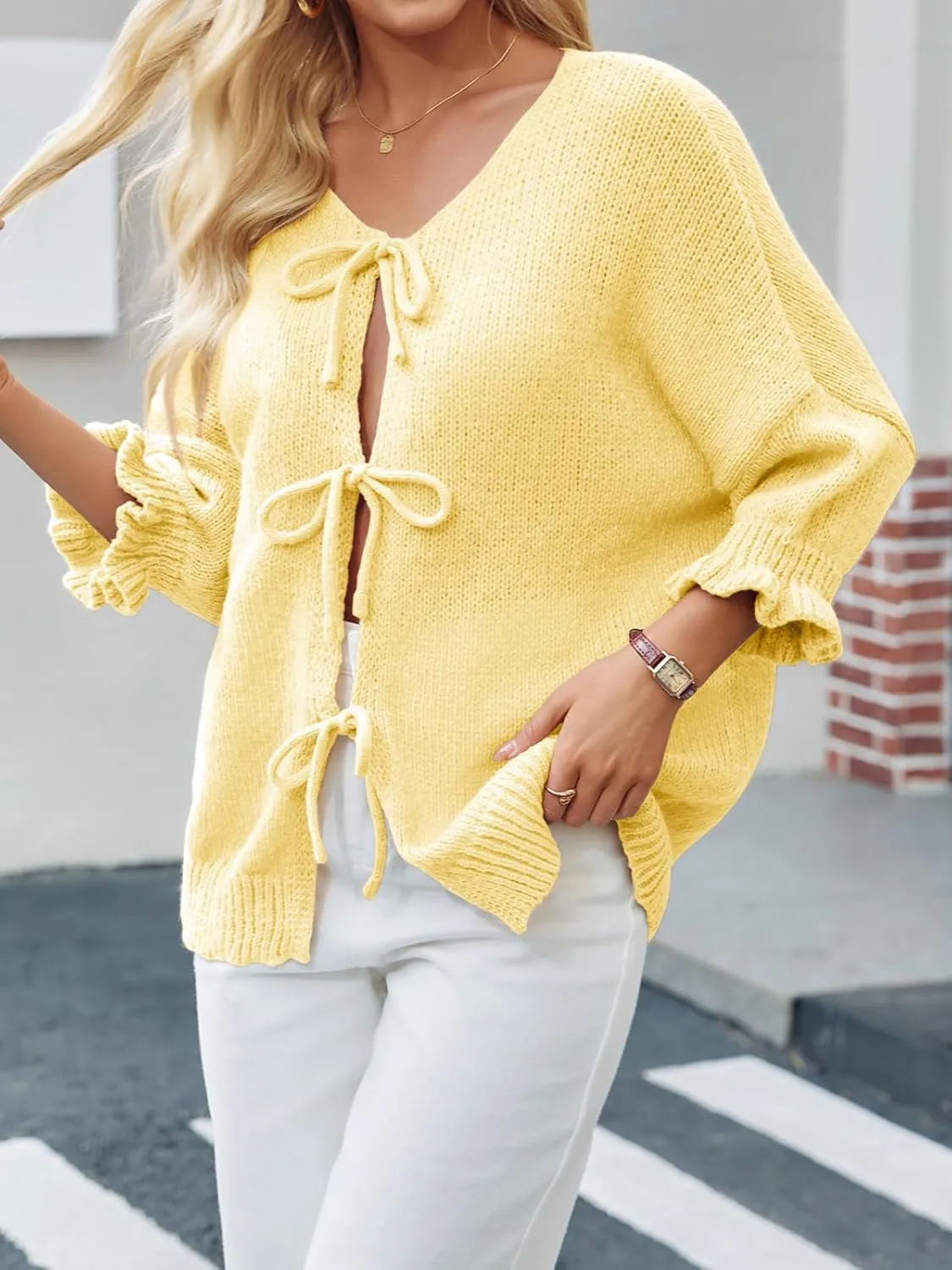 Saodimallsu Womens Tie Front Bow Cardigan Sweaters Lightweight Knit Ruffle Half Sleeve 2025 Trendy Jacket