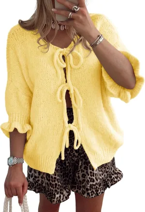 Saodimallsu Womens Tie Front Bow Cardigan Sweaters Lightweight Knit Ruffle Half Sleeve 2025 Trendy Jacket