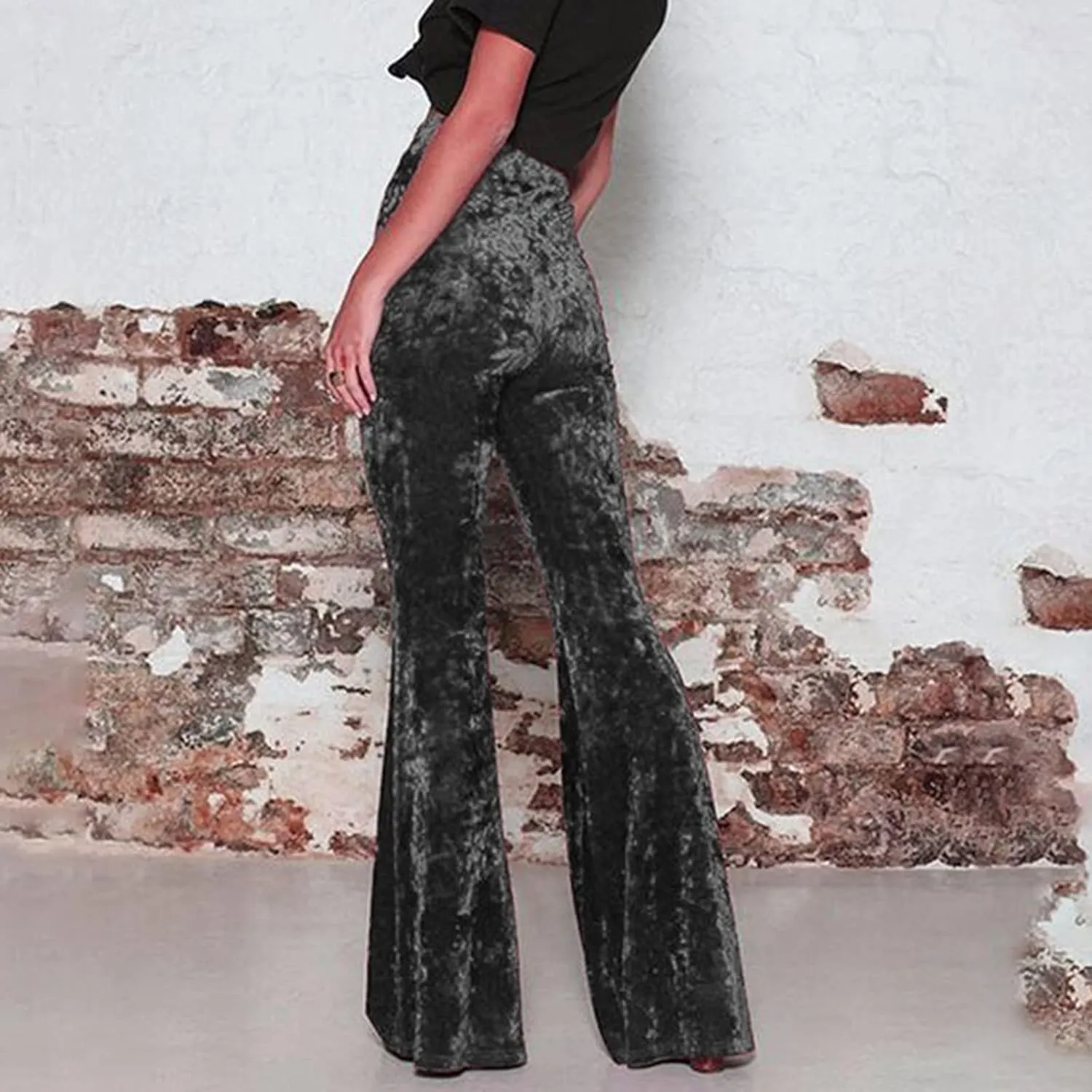 sdbrld Velvet Pants Women High Waisted Wide Leg Flare Elastic Waist Pull On Trousers Sparkle Pants