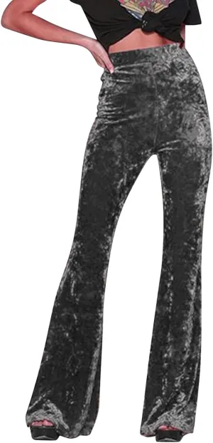 sdbrld Velvet Pants Women High Waisted Wide Leg Flare Elastic Waist Pull On Trousers Sparkle Pants