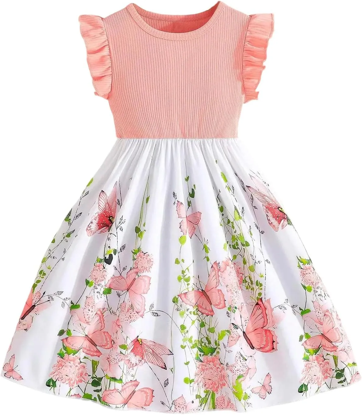 SHENHE Girl's Summer Floral Dress Ruffle Sleeve A Line Flowy Ribbed Boho Vacation Dress