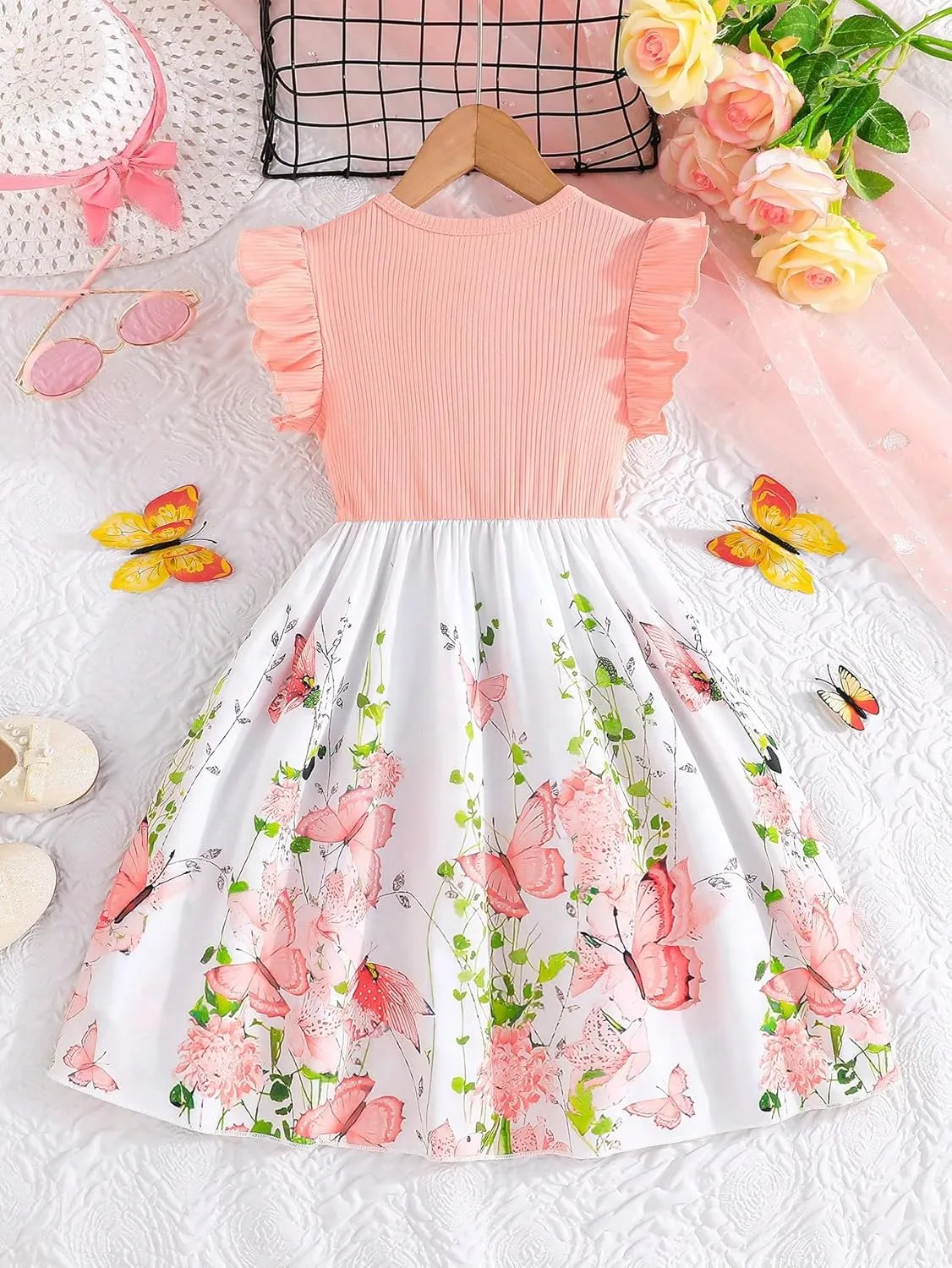 SHENHE Girl's Summer Floral Dress Ruffle Sleeve A Line Flowy Ribbed Boho Vacation Dress