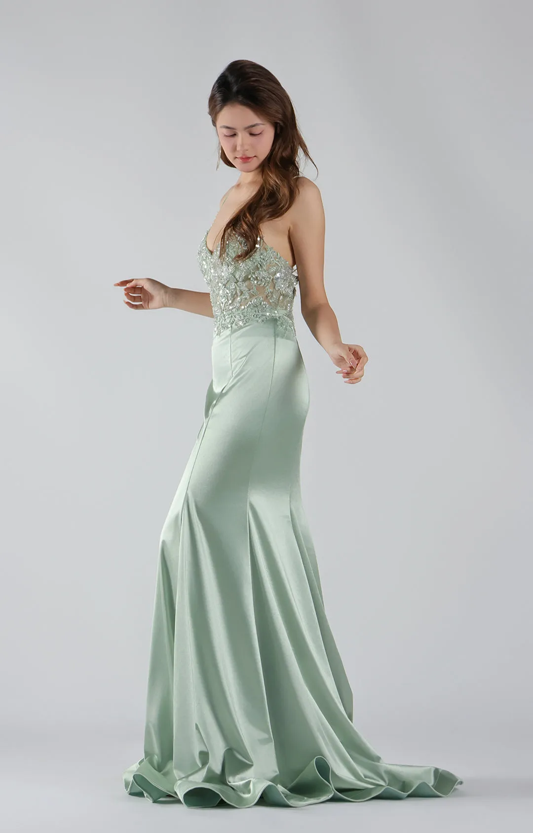Spaghetti Straps See Through  Embroidered Sequin Mermaid