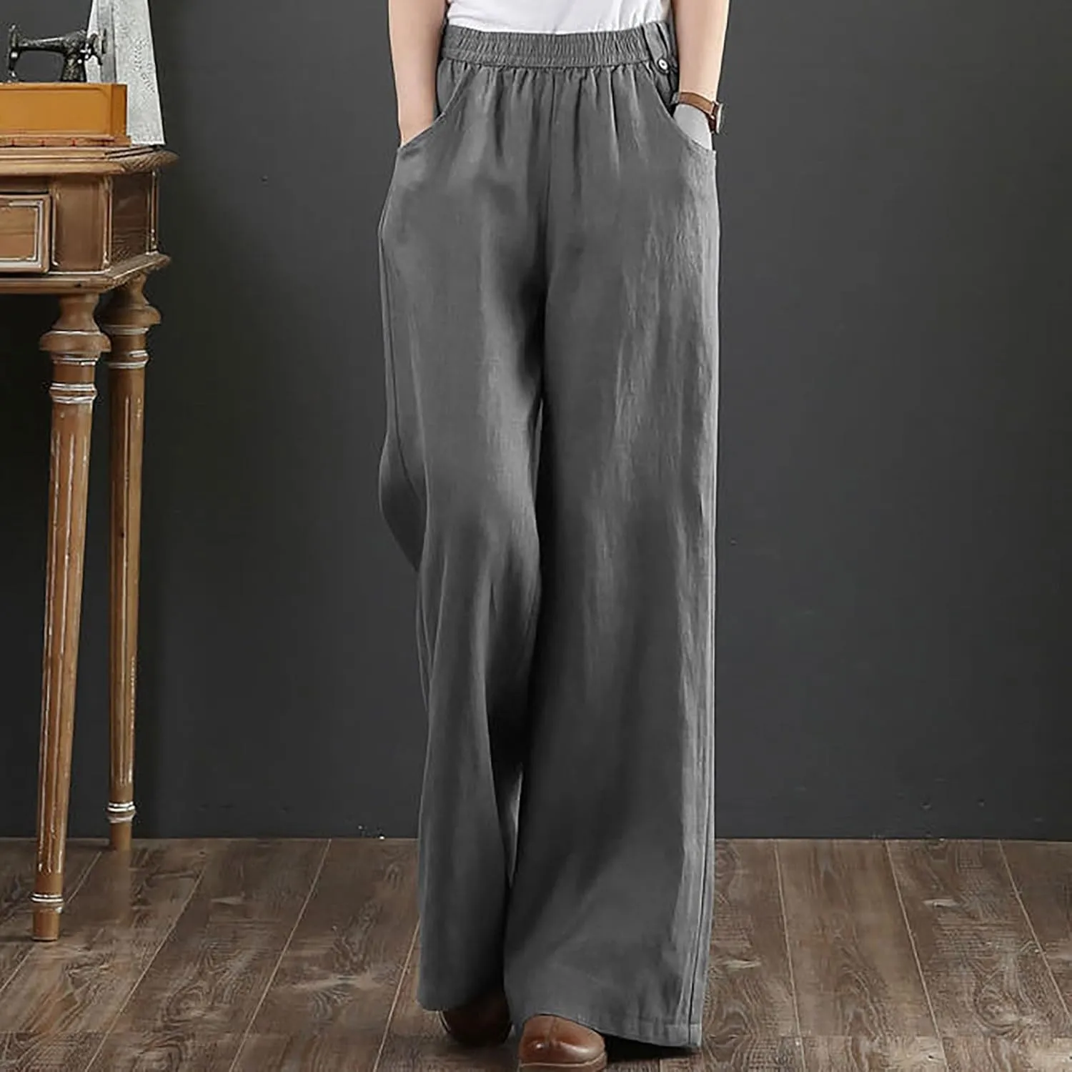 Straight Leg Pants for Women Linen Palazzo Lounge Pants Summer Slacks Loose Casual Wide Leg Trousers