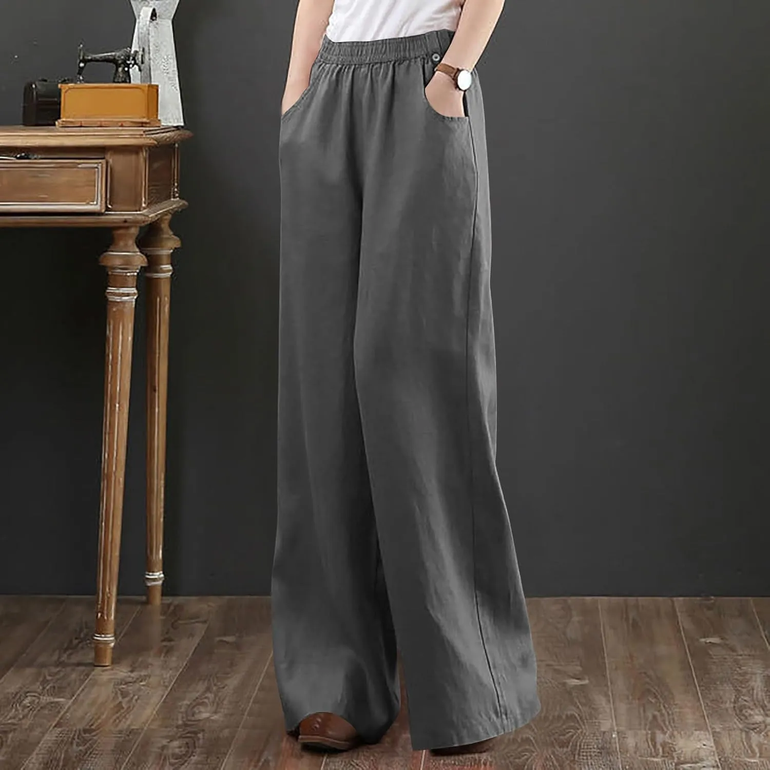 Straight Leg Pants for Women Linen Palazzo Lounge Pants Summer Slacks Loose Casual Wide Leg Trousers