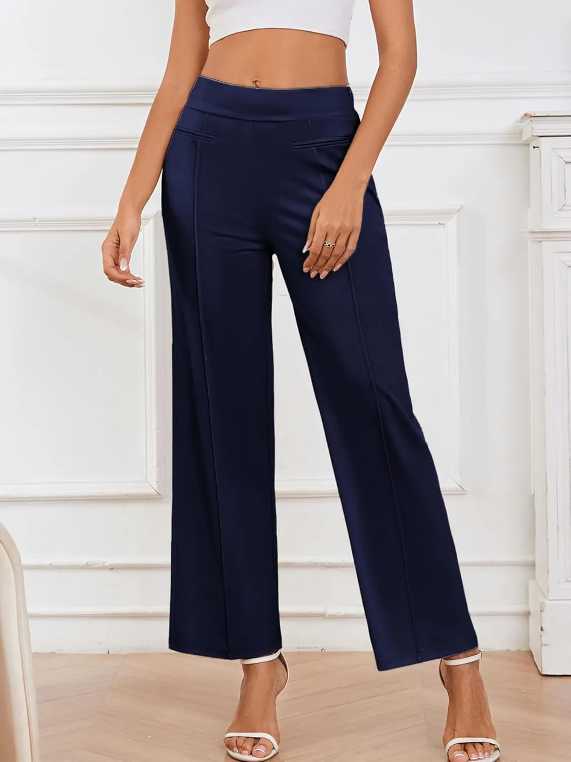 Wide Leg Pants Woman High Elastic Waisted Pant with Pockets Casual Business Work Dress Trousers with Side Zipper