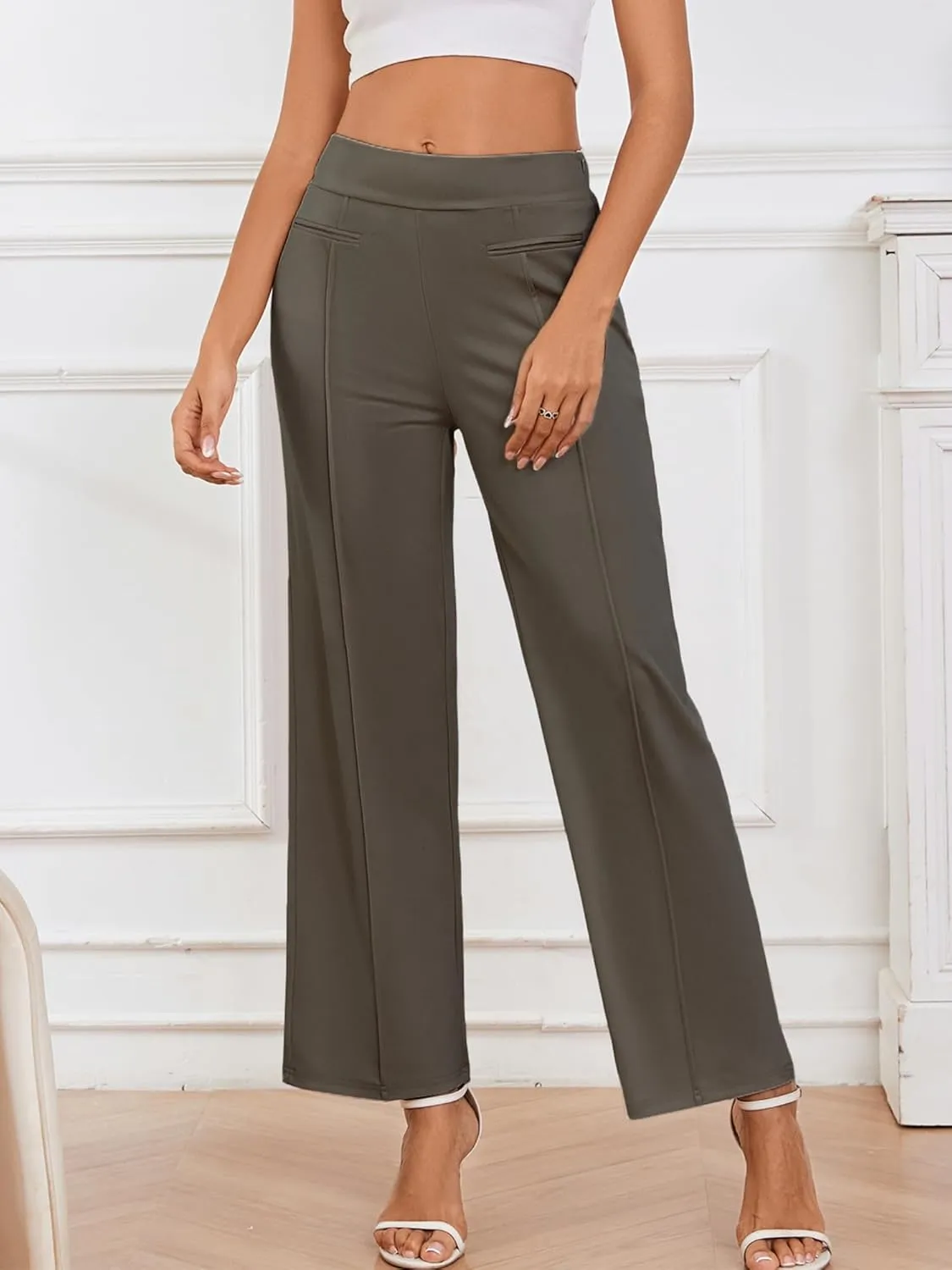 Wide Leg Pants Woman High Elastic Waisted Pant with Pockets Casual Business Work Dress Trousers with Side Zipper
