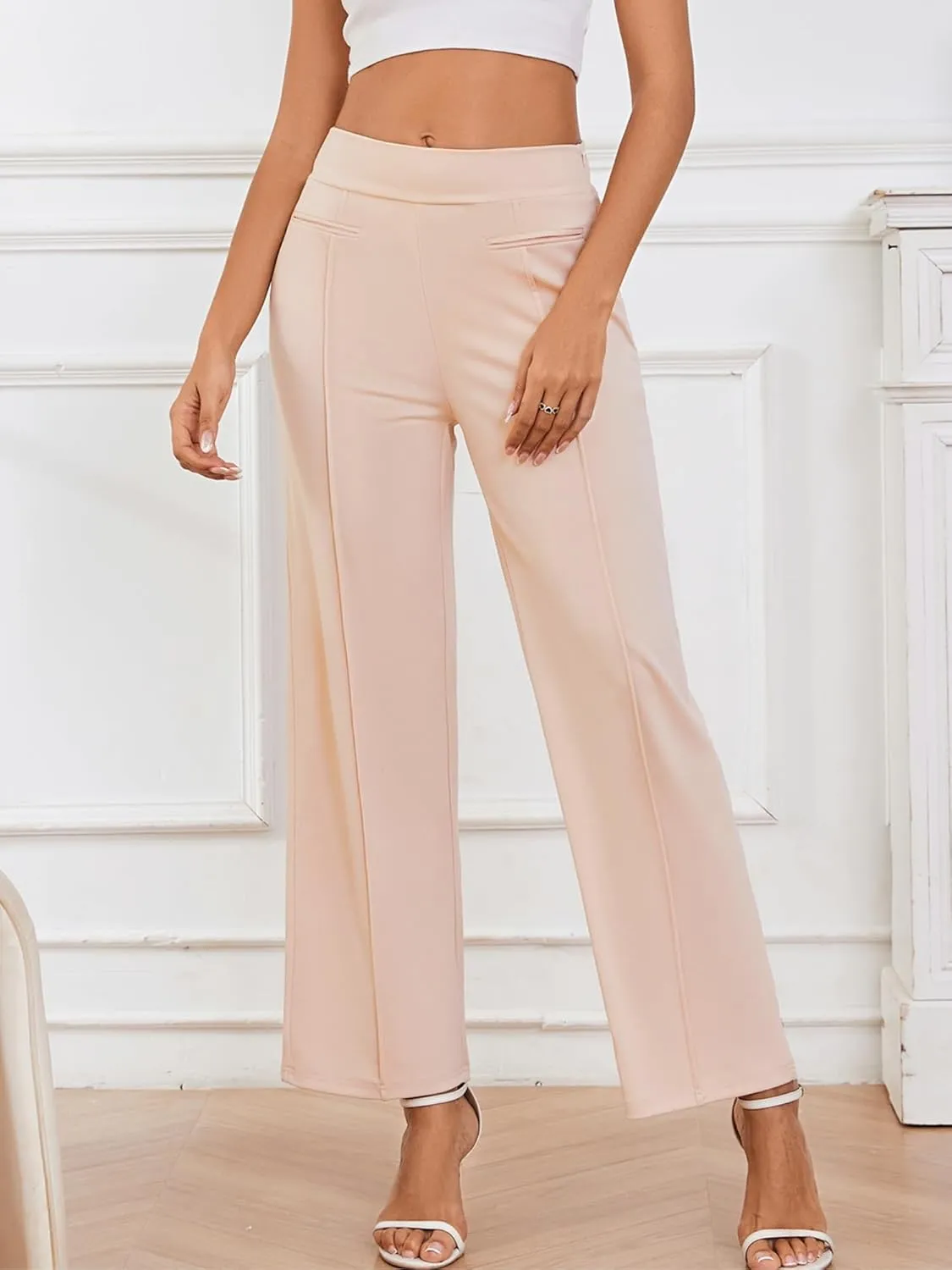 Wide Leg Pants Woman High Elastic Waisted Pant with Pockets Casual Business Work Dress Trousers with Side Zipper