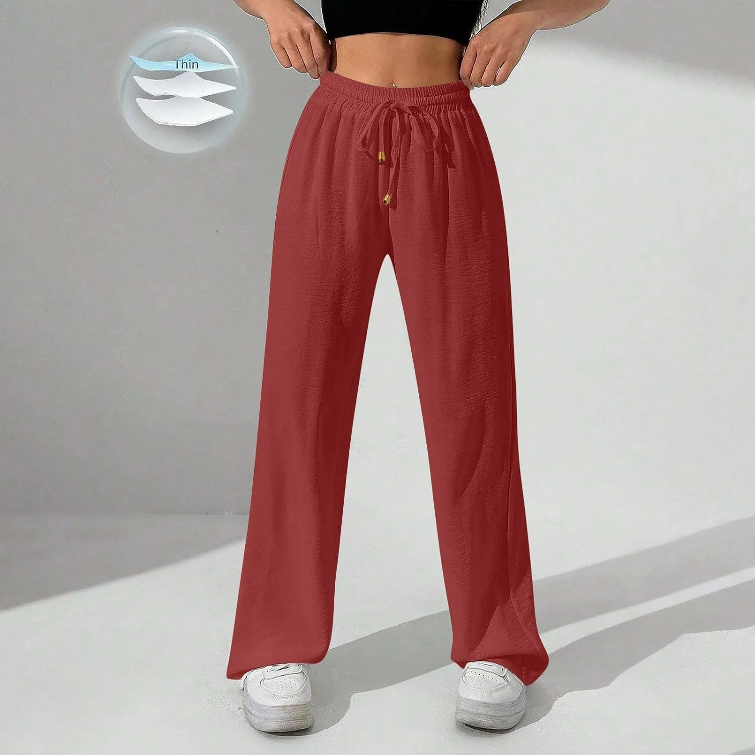 Wide Leg Pants Women Casual Linen Pants Drawstring Elastic Waist Summer Cute Pant Lounge Trouser with Pockets