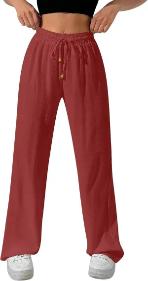 Wide Leg Pants Women Casual Linen Pants Drawstring Elastic Waist Summer Cute Pant Lounge Trouser with Pockets