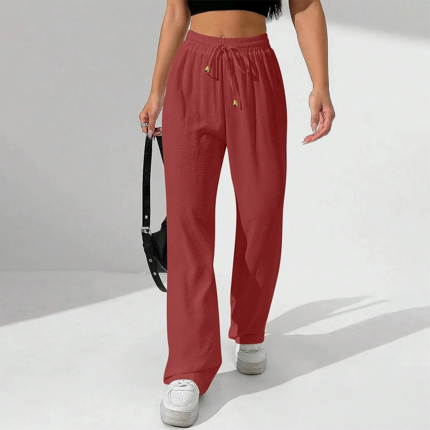 Wide Leg Pants Women Casual Linen Pants Drawstring Elastic Waist Summer Cute Pant Lounge Trouser with Pockets