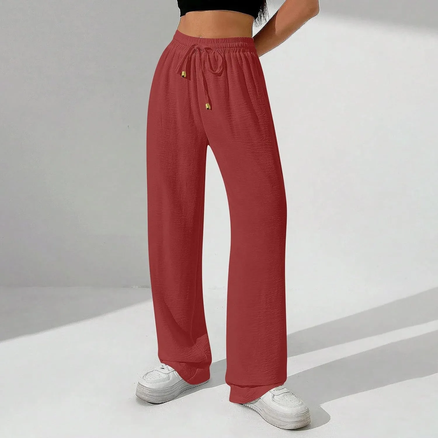 Wide Leg Pants Women Casual Linen Pants Drawstring Elastic Waist Summer Cute Pant Lounge Trouser with Pockets