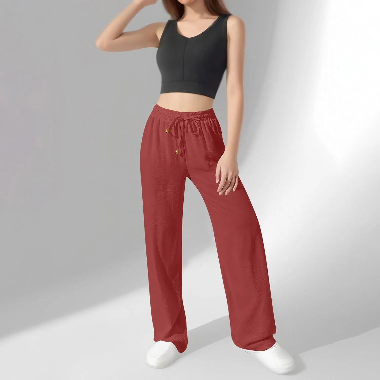 Wide Leg Pants Women Casual Linen Pants Drawstring Elastic Waist Summer Cute Pant Lounge Trouser with Pockets