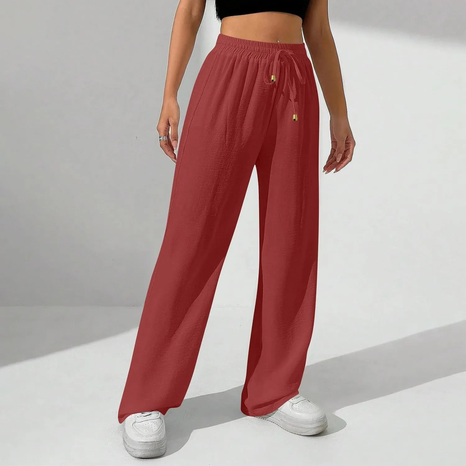 Wide Leg Pants Women Casual Linen Pants Drawstring Elastic Waist Summer Cute Pant Lounge Trouser with Pockets