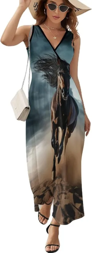 Wild Stallion in Dust Horse Sleeveless Maxi Dresses Summer Dress Long Beach Sundresses with V Neck for Women