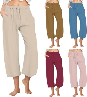 Women Cropped Trousers Cotton Linen Capri Pants Joggers Drawstring Bottoms Elasticated Shorts 3/4 Length Trouser