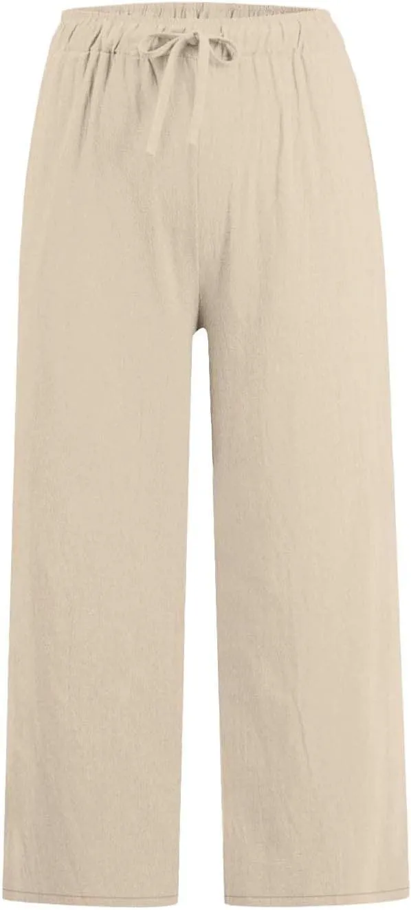 Women Cropped Trousers Cotton Linen Capri Pants Joggers Drawstring Bottoms Elasticated Shorts 3/4 Length Trouser