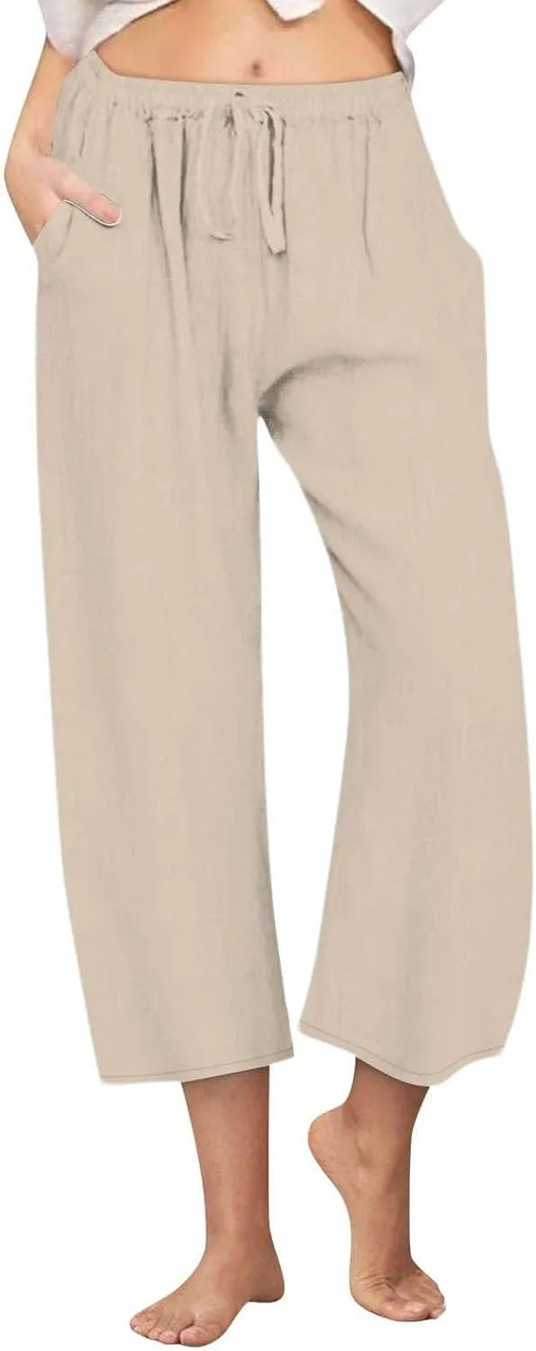Women Cropped Trousers Cotton Linen Capri Pants Joggers Drawstring Bottoms Elasticated Shorts 3/4 Length Trouser