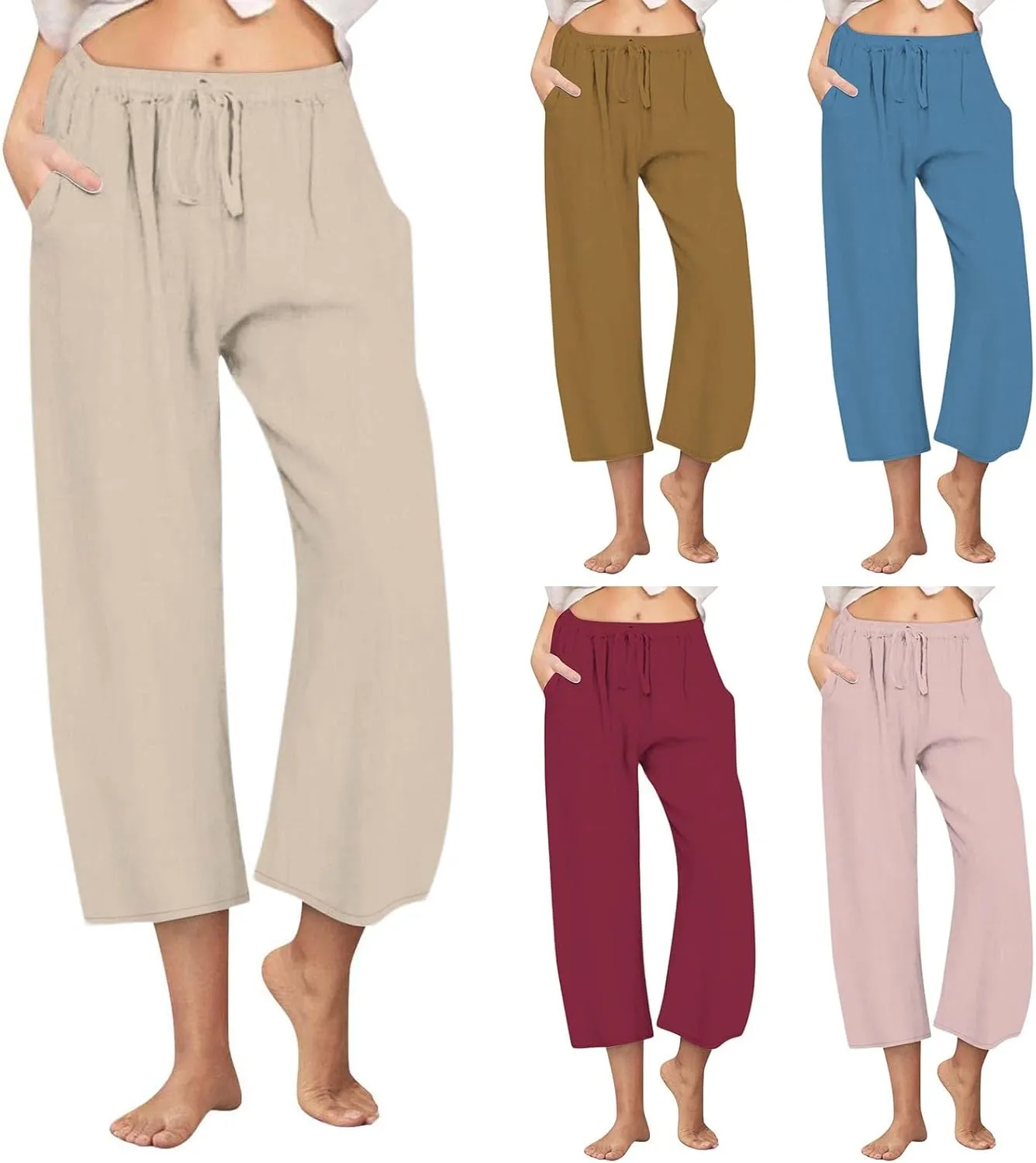 Women Cropped Trousers Cotton Linen Capri Pants Joggers Drawstring Bottoms Elasticated Shorts 3/4 Length Trouser