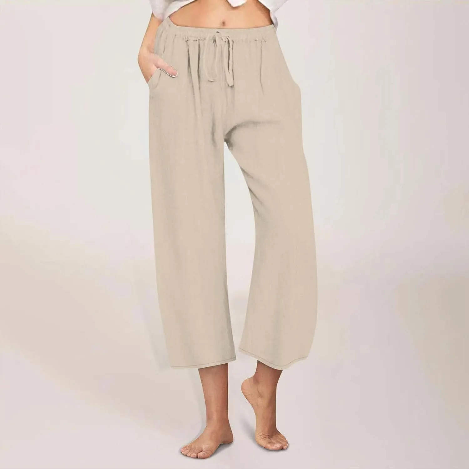 Women Cropped Trousers Cotton Linen Capri Pants Joggers Drawstring Bottoms Elasticated Shorts 3/4 Length Trouser