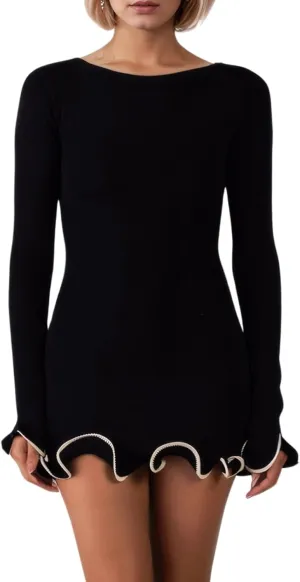 Women Elegant Ruffle Hem Knit Mini Dress Long Sleeve Contrast Color Patchwork Bodycon Short Sweater Dress Fall