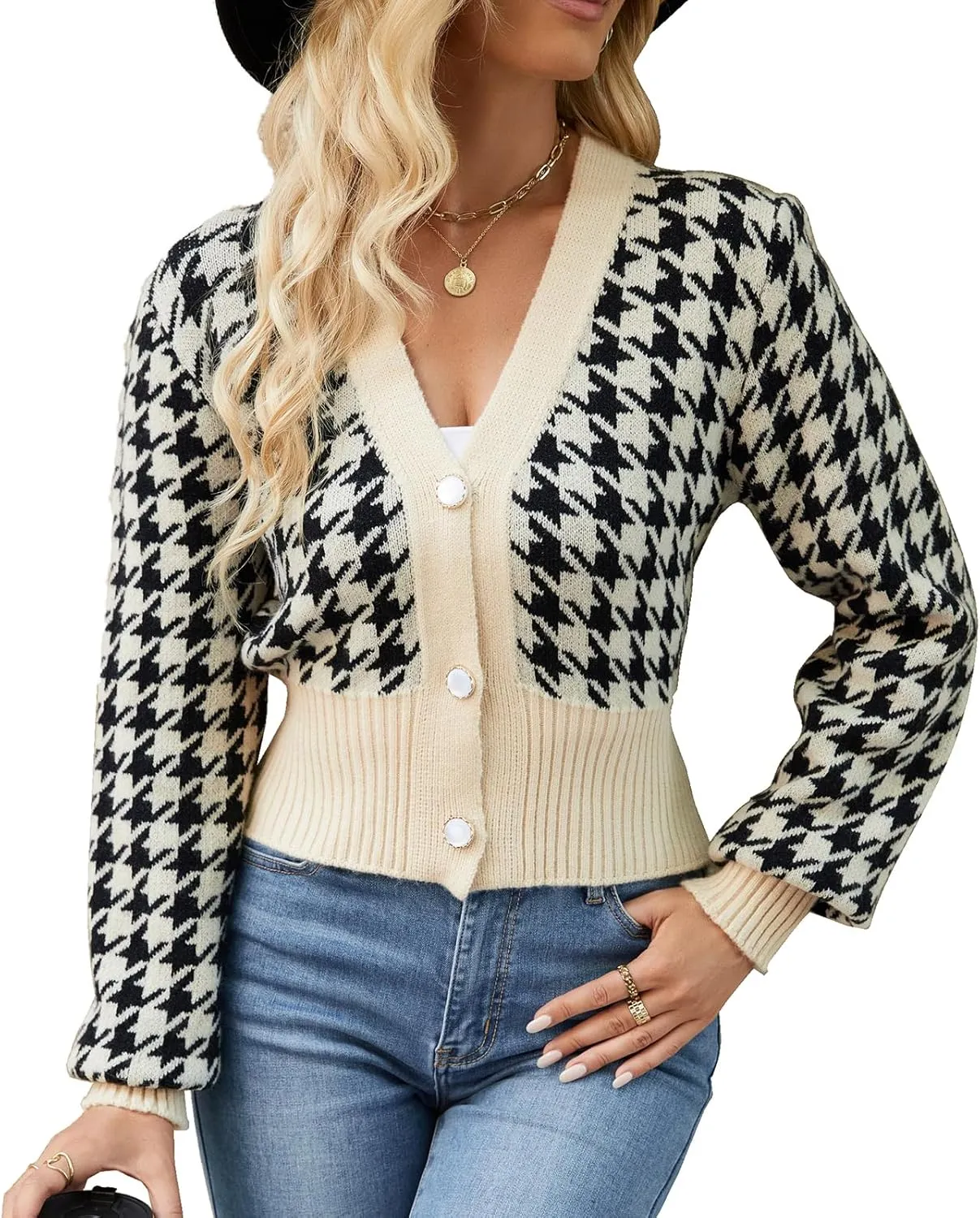 Women' s Cropped Cardigan Sweaters Button Down Houndstooth V Neck Long Sleeve Open Front Knit Sweater Jacket Tops