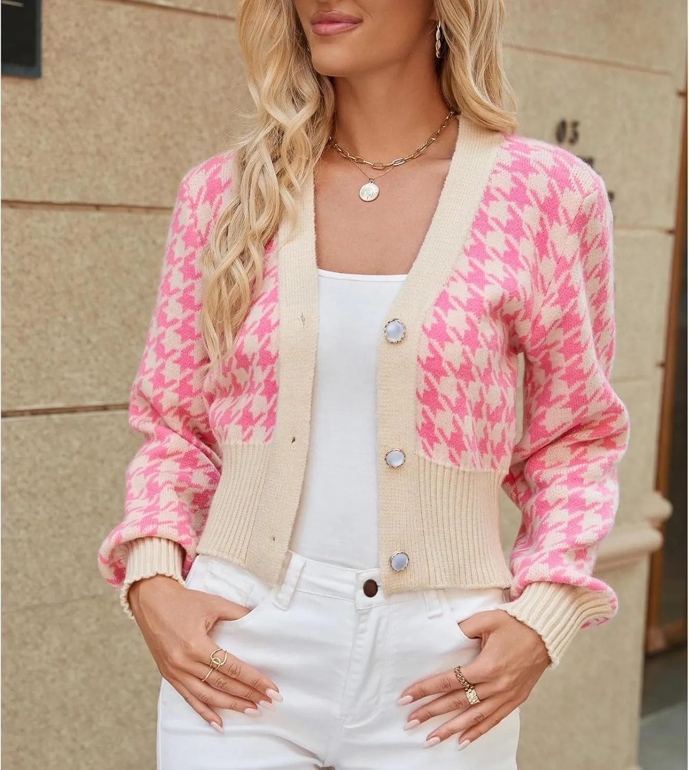 Women' s Cropped Cardigan Sweaters Button Down Houndstooth V Neck Long Sleeve Open Front Knit Sweater Jacket Tops
