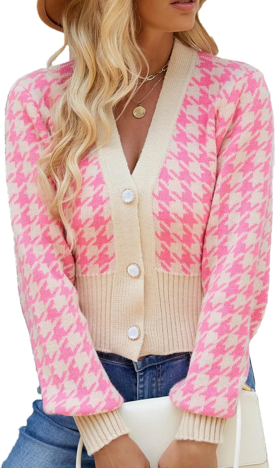 Women' s Cropped Cardigan Sweaters Button Down Houndstooth V Neck Long Sleeve Open Front Knit Sweater Jacket Tops