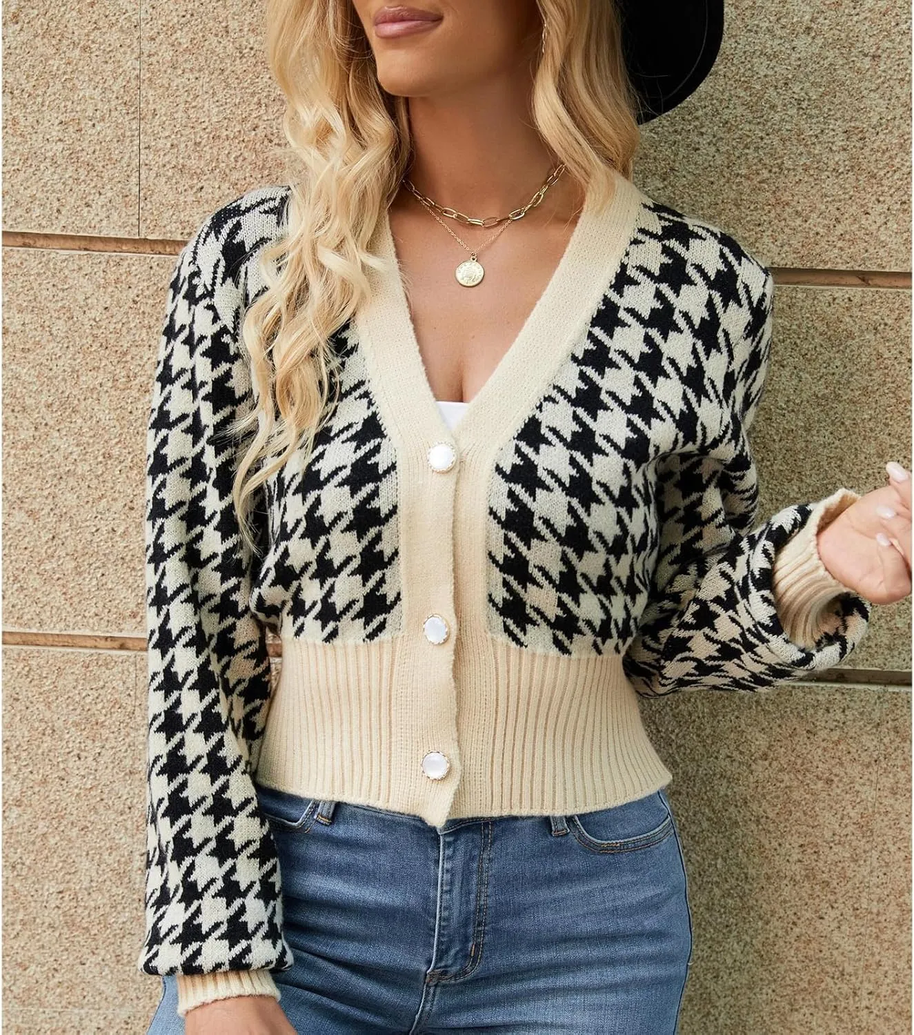 Women' s Cropped Cardigan Sweaters Button Down Houndstooth V Neck Long Sleeve Open Front Knit Sweater Jacket Tops