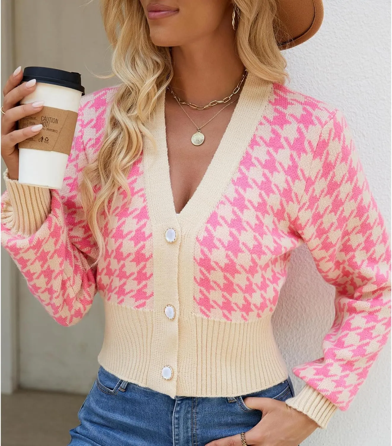 Women' s Cropped Cardigan Sweaters Button Down Houndstooth V Neck Long Sleeve Open Front Knit Sweater Jacket Tops