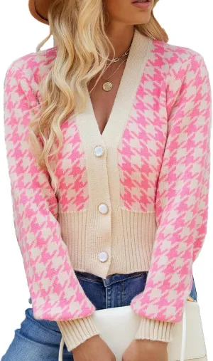 Women' s Cropped Cardigan Sweaters Button Down Houndstooth V Neck Long Sleeve Open Front Knit Sweater Jacket Tops