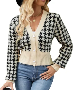 Women' s Cropped Cardigan Sweaters Button Down Houndstooth V Neck Long Sleeve Open Front Knit Sweater Jacket Tops