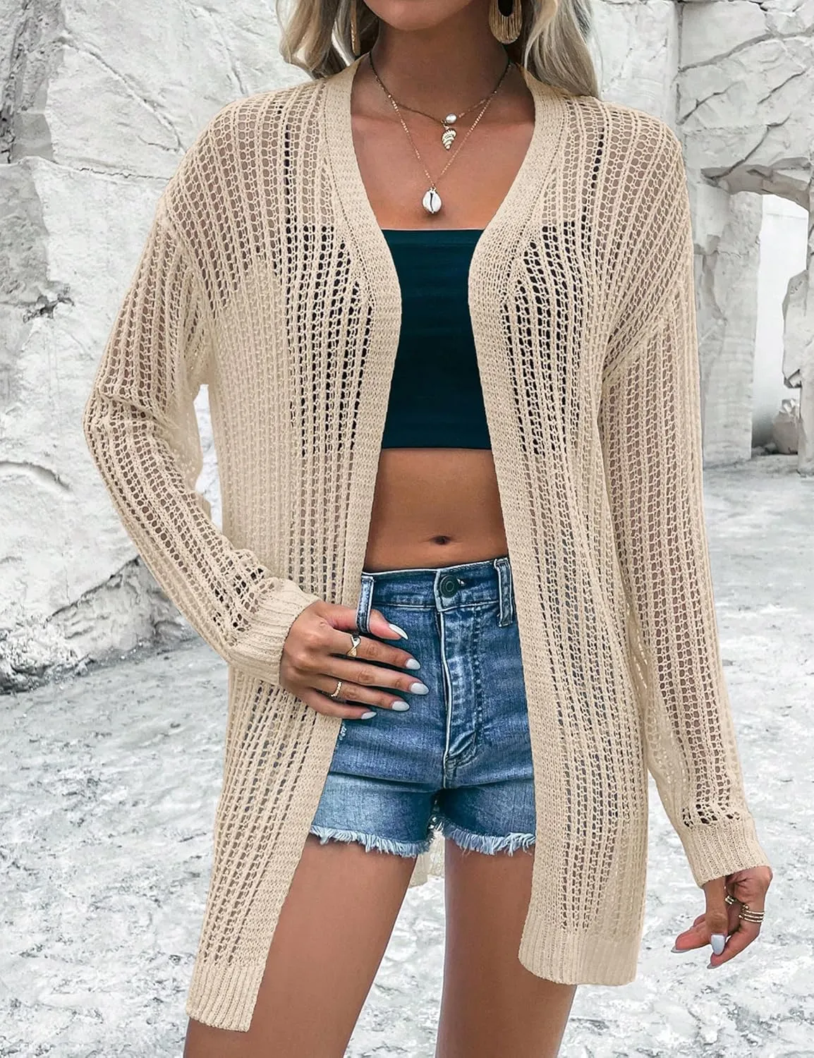 Womens 2024 Summer Lightweight Cardigan Long Sleeve Open Front Loose Beach Crochet Cover Up