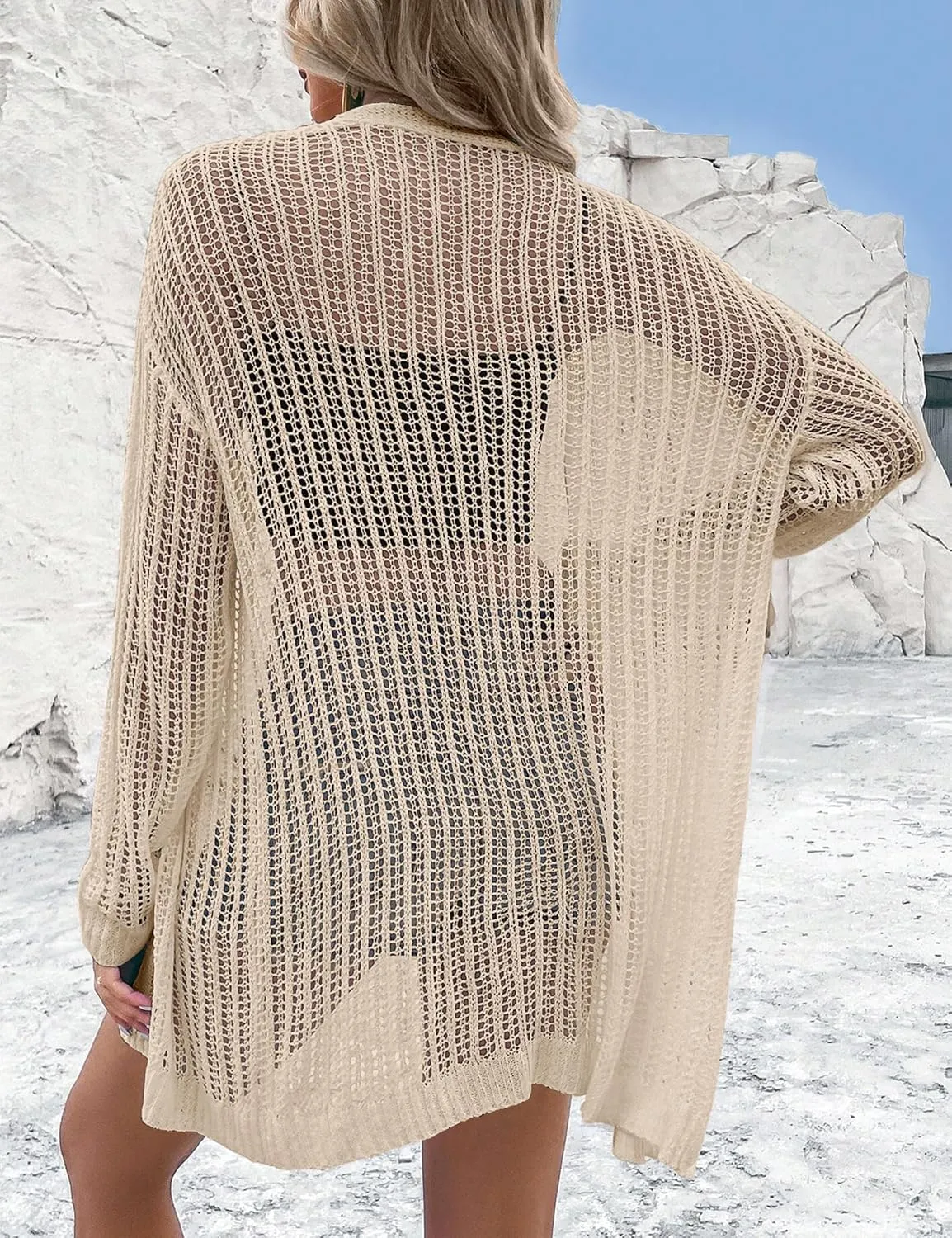 Womens 2024 Summer Lightweight Cardigan Long Sleeve Open Front Loose Beach Crochet Cover Up