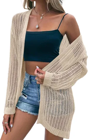 Womens 2024 Summer Lightweight Cardigan Long Sleeve Open Front Loose Beach Crochet Cover Up