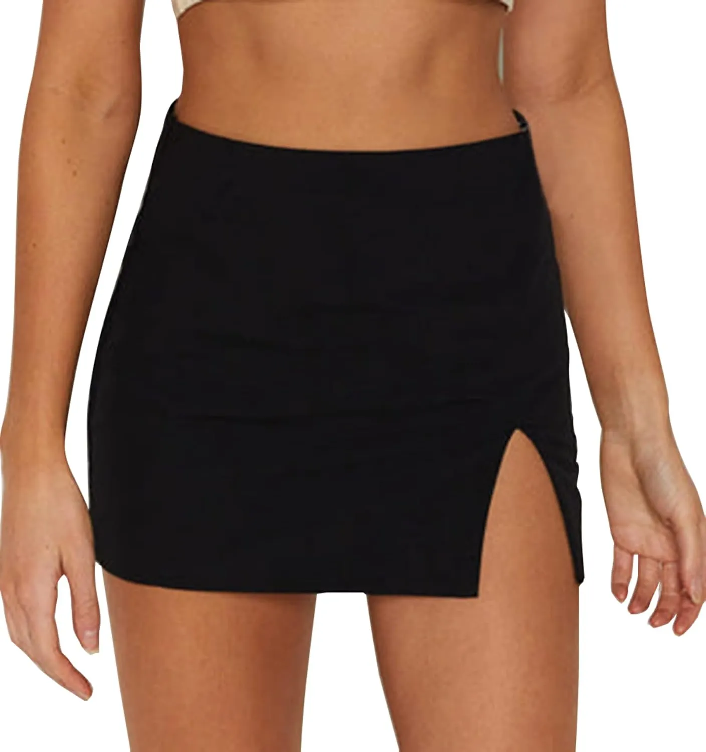Womens Black Mini Skirt High Waist High Slit Sexy Bodycon Mini Skirt 0290