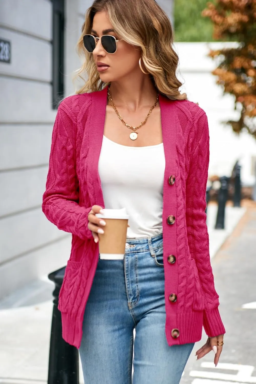 Women's Cable Knit Open Front Button Down Cardigan Sweater Long Sleeve Chunky Fall Sweater Outwear
