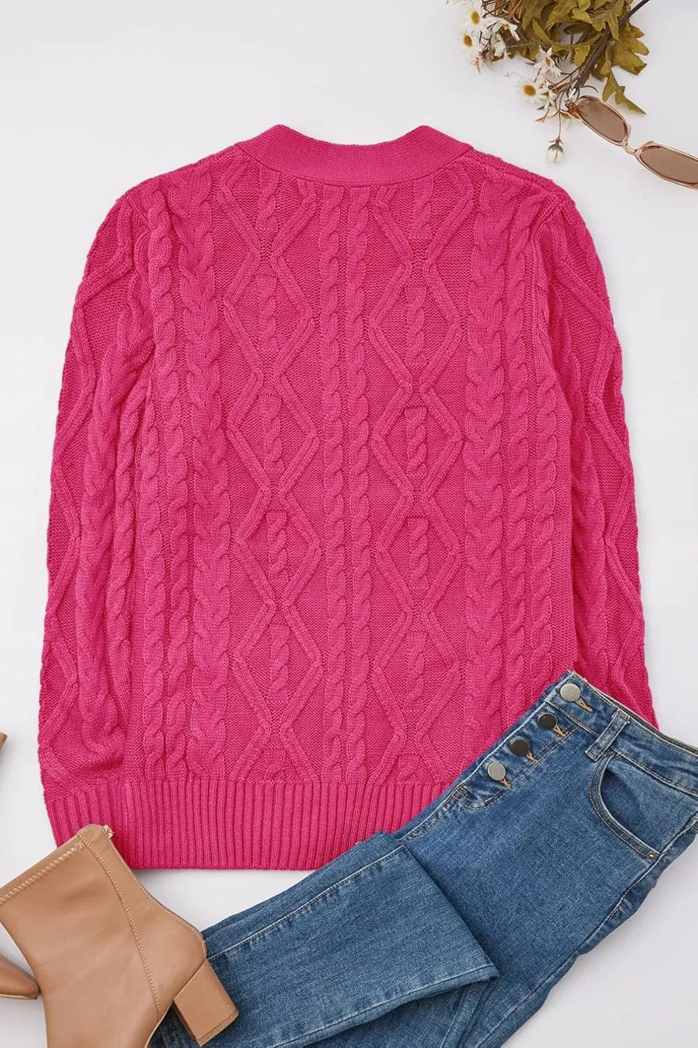 Women's Cable Knit Open Front Button Down Cardigan Sweater Long Sleeve Chunky Fall Sweater Outwear