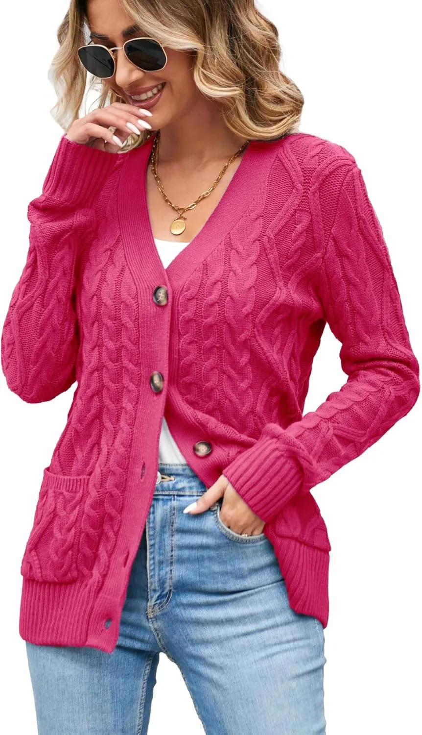 Women's Cable Knit Open Front Button Down Cardigan Sweater Long Sleeve Chunky Fall Sweater Outwear