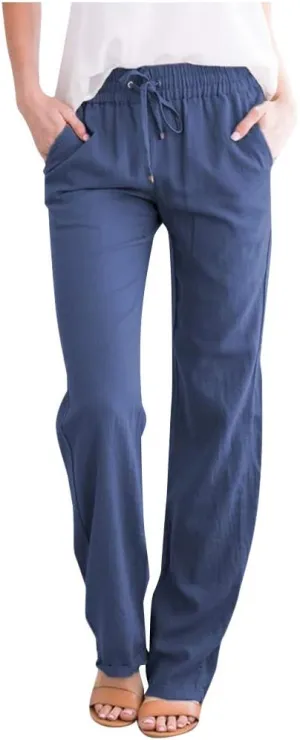 Womens Casual Cotton Pants Straight Leg Drawstring Elastic High Waist Loose Comfy Trousers Summer Outfits with