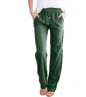 Womens Casual Cotton Pants Straight Leg Drawstring Elastic High Waist Loose Comfy Trousers Summer Outfits with
