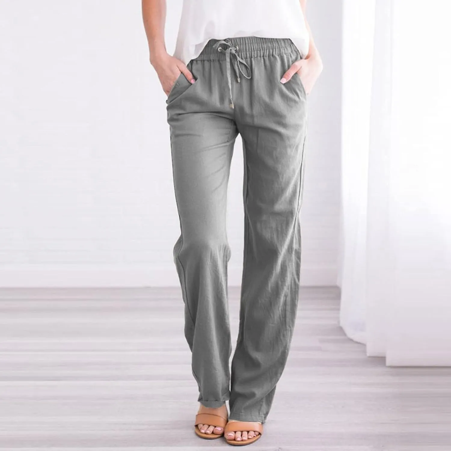 Womens Casual Cotton Pants Straight Leg Drawstring Elastic High Waist Loose Comfy Trousers Summer Outfits with