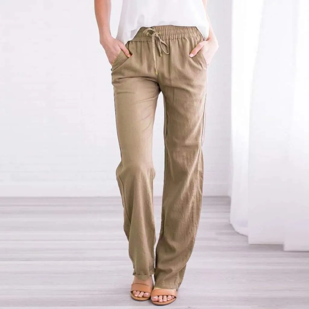 Womens Casual Cotton Pants Straight Leg Drawstring Elastic High Waist Loose Comfy Trousers Summer Outfits with