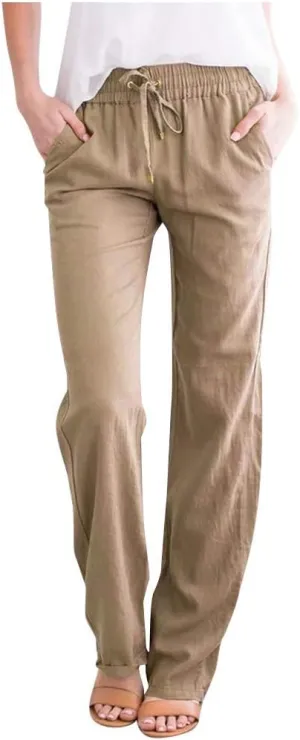 Womens Casual Cotton Pants Straight Leg Drawstring Elastic High Waist Loose Comfy Trousers Summer Outfits with
