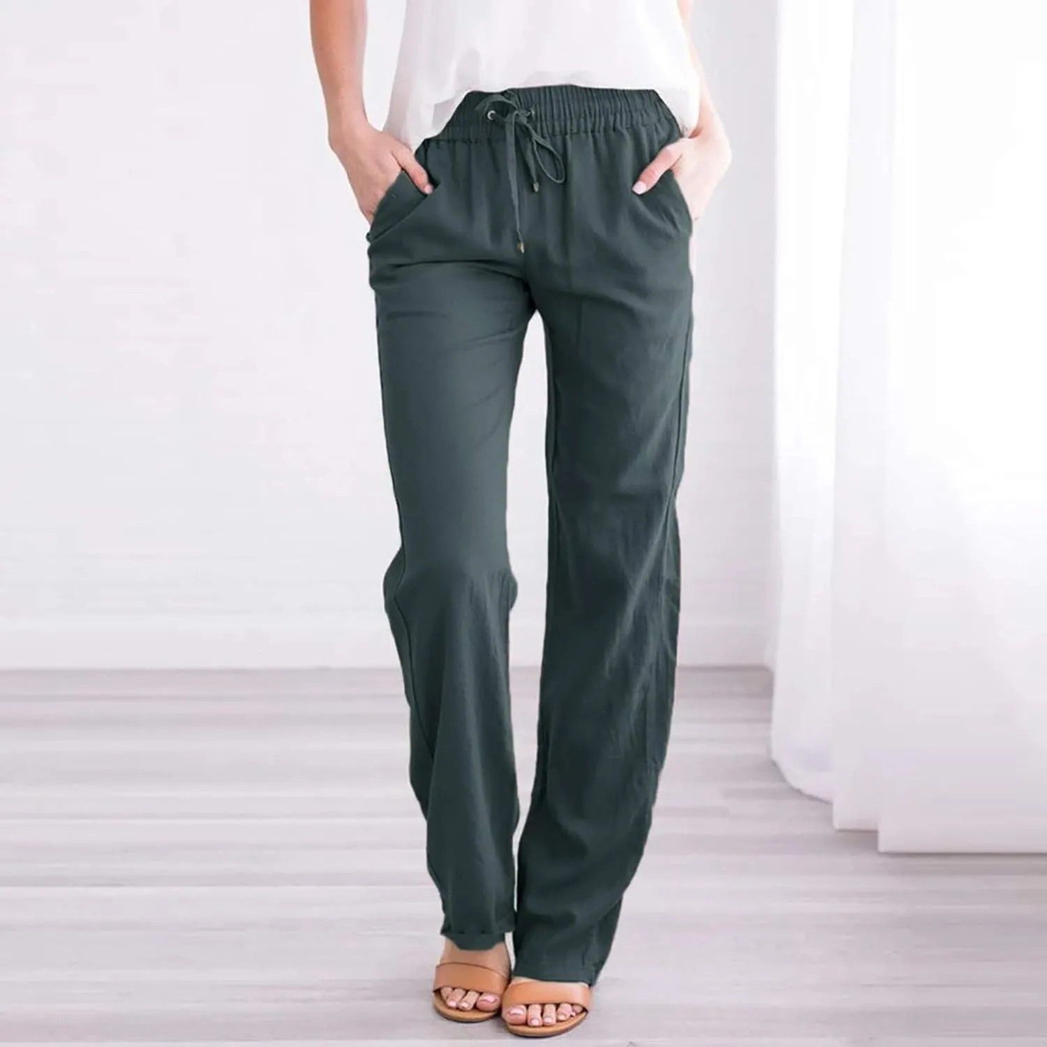 Womens Casual Cotton Pants Straight Leg Drawstring Elastic High Waist Loose Comfy Trousers Summer Outfits with