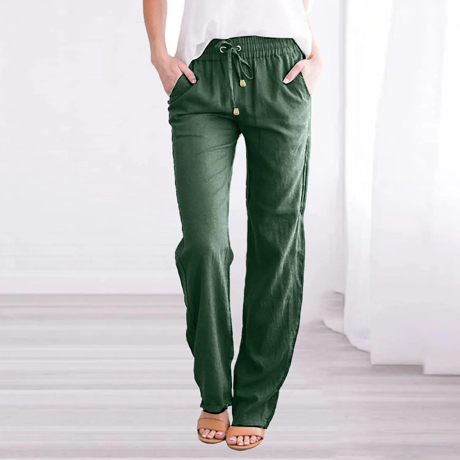 Womens Casual Cotton Pants Straight Leg Drawstring Elastic High Waist Loose Comfy Trousers Summer Outfits with
