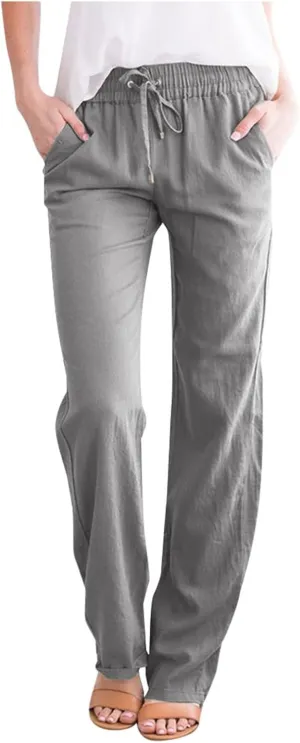Womens Casual Cotton Pants Straight Leg Drawstring Elastic High Waist Loose Comfy Trousers Summer Outfits with