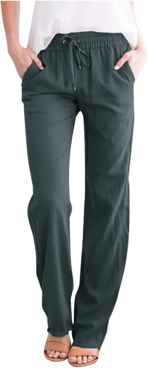 Womens Casual Cotton Pants Straight Leg Drawstring Elastic High Waist Loose Comfy Trousers Summer Outfits with
