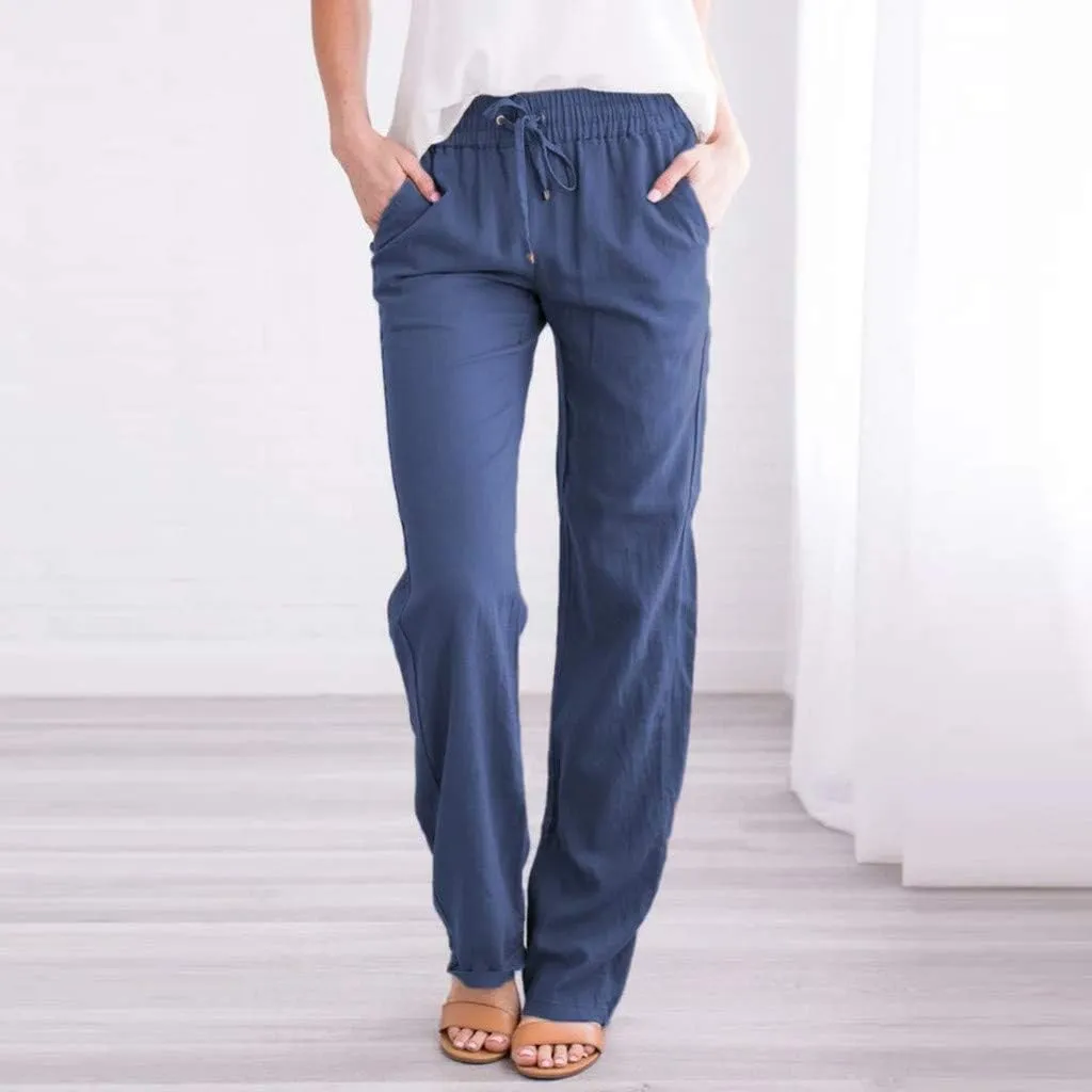 Womens Casual Cotton Pants Straight Leg Drawstring Elastic High Waist Loose Comfy Trousers Summer Outfits with