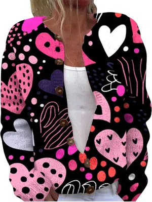 Women's Cute Pattern Printed Sweater Cardigan Long Sleeve Button Open Love Heart Knitted Sweater Outwear Coat